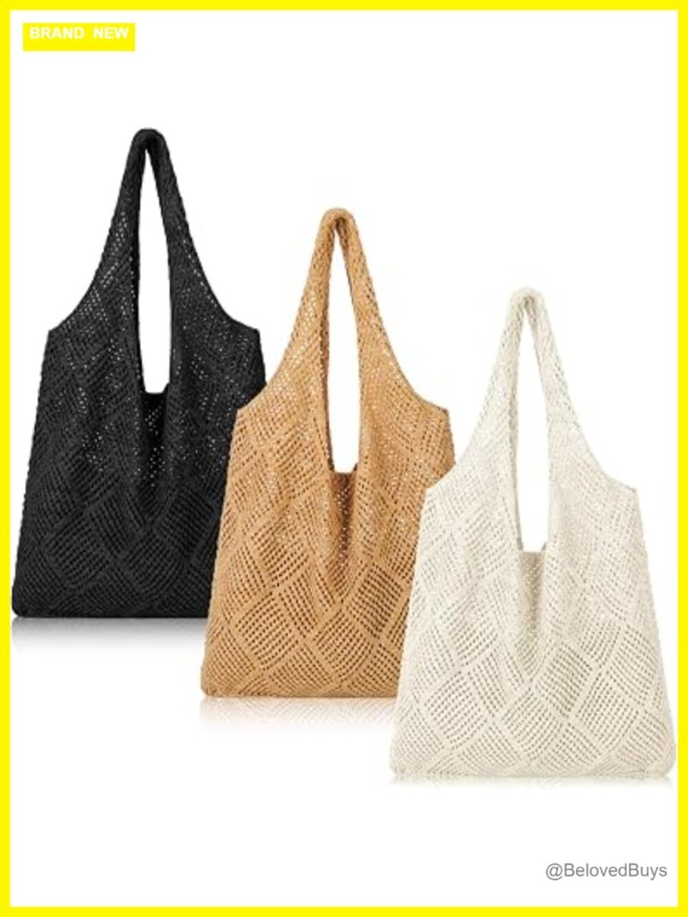3 Pack Crochet Mesh Beach Tote Bag Summer Hollow Woven Straw Shoulder Handbag